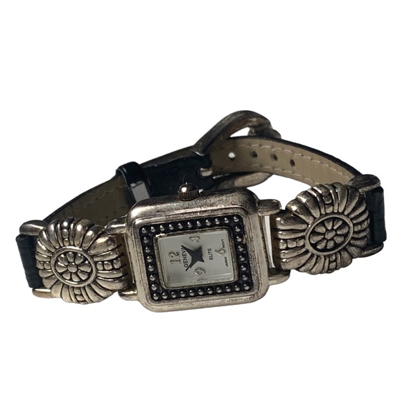 GENEVA Antiqued Silver Black Band Watch Brighton Look-A-Like Woman’s Watch - Picture 2 of 10
